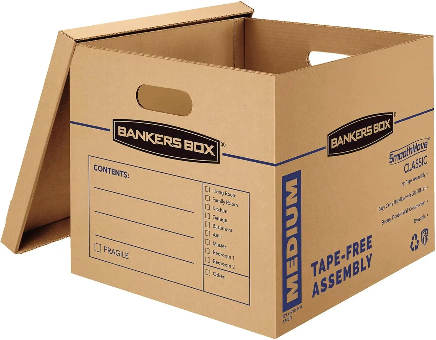

Medium Moving Boxes 10-Pack with Reinforced Handles, Tape-Free Assembly, Lid Included - 19x14.5x15.5 Inches