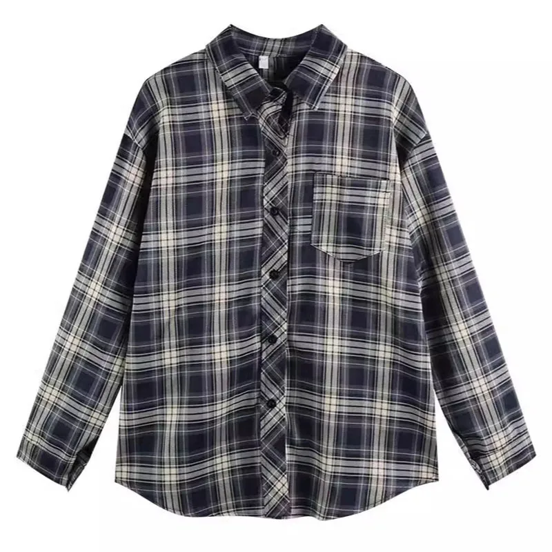 ヴィンテージ風ディープブルーチェック柄シャツ レディース ゆったり 長袖 カジュアルブラウス 秋 プレッピースタイル 原宿系チェックシャツ