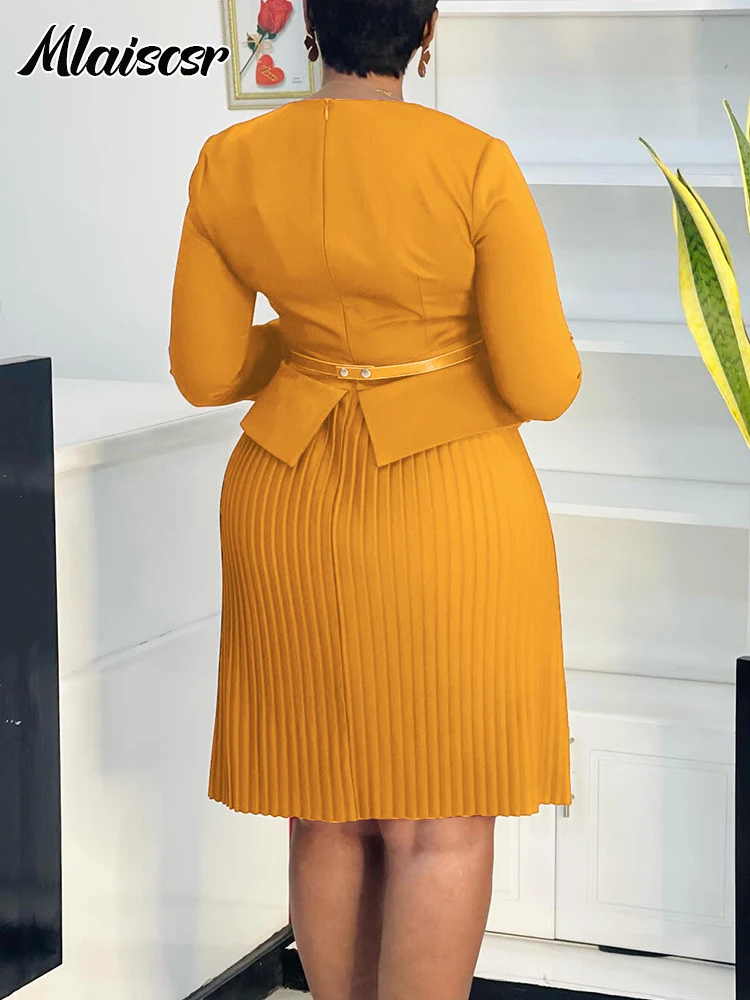 Mlaiscsr Elegant Office Dress with Belt for Women Blue O-Neck Peplum Pleated 3/4 Sleeves African Female Fall Evening Gowns Robe