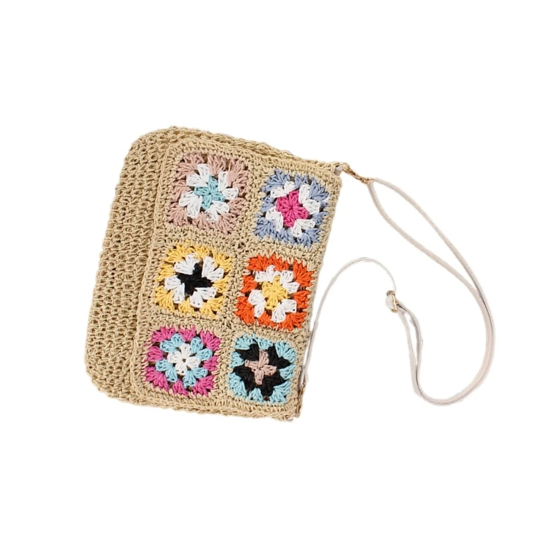 Elegant Womens Crossbody Bag Woven Paper Rope Shoulder Purse Vintage Ethnic Crochet Flower Handbag with Adjustable Strap