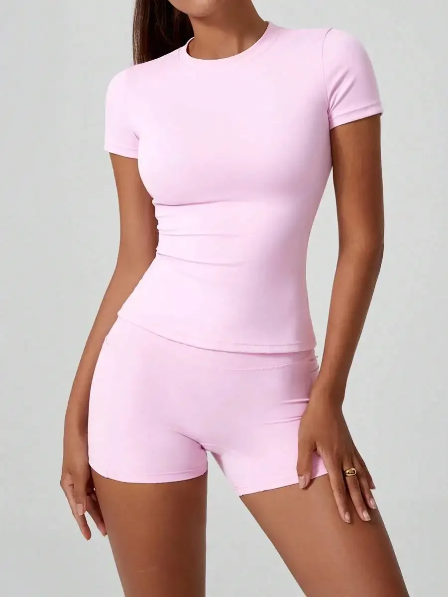 Women's Sweet Sports Short Sleeve High Waist Tummy Control Butt Lifting Shorts Set