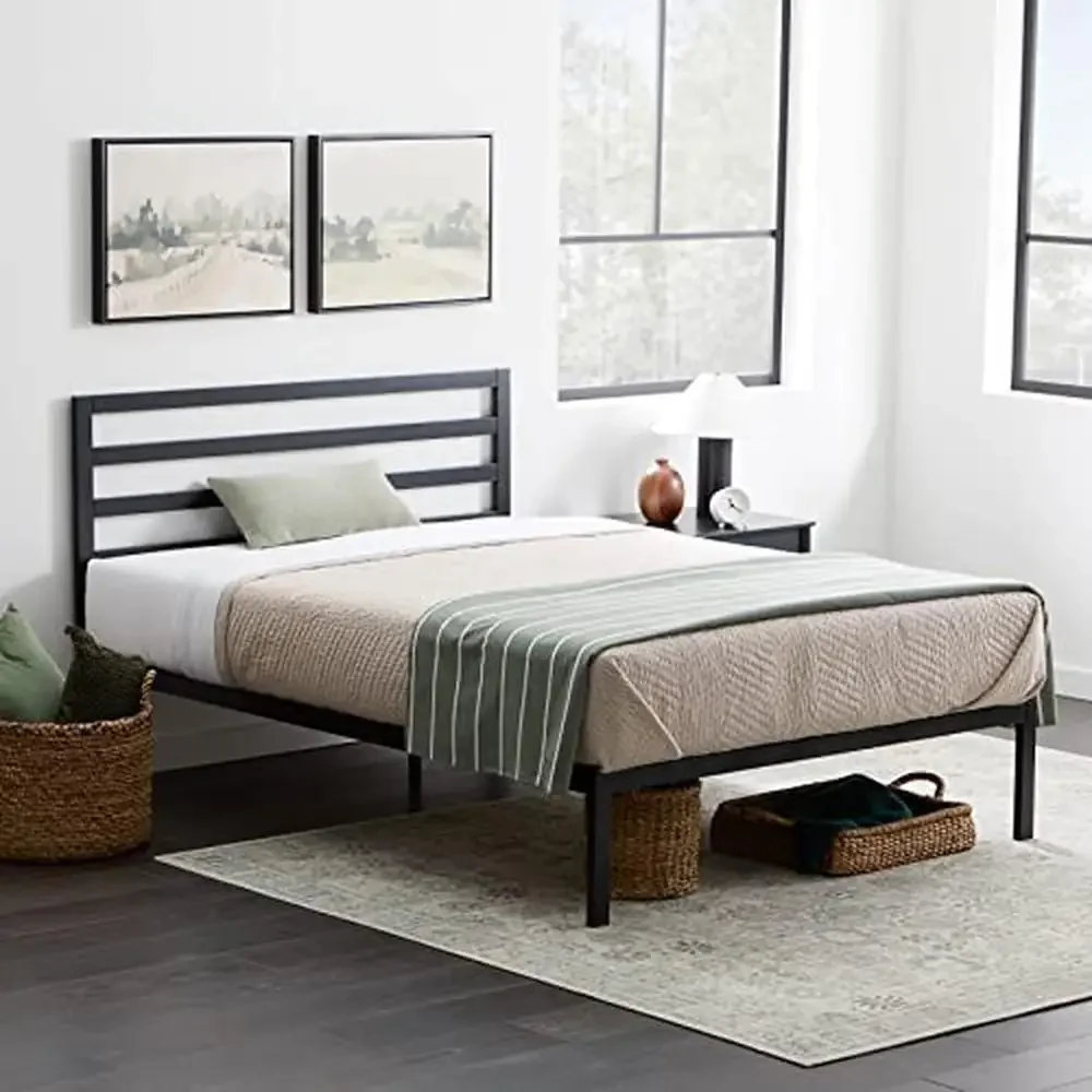 

Platform Bed Frame Sturdy Steel Headboard Queen Size Black Non-Brand