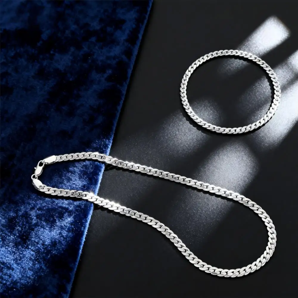 

Рождественские подарки, модные стерлингового серебра 925 пробы, уникальные плоские цепочки 5 мм, ожерелье, браслеты для мужчин и женщин, доступные комплекты ювелирных изделий для вечеринок