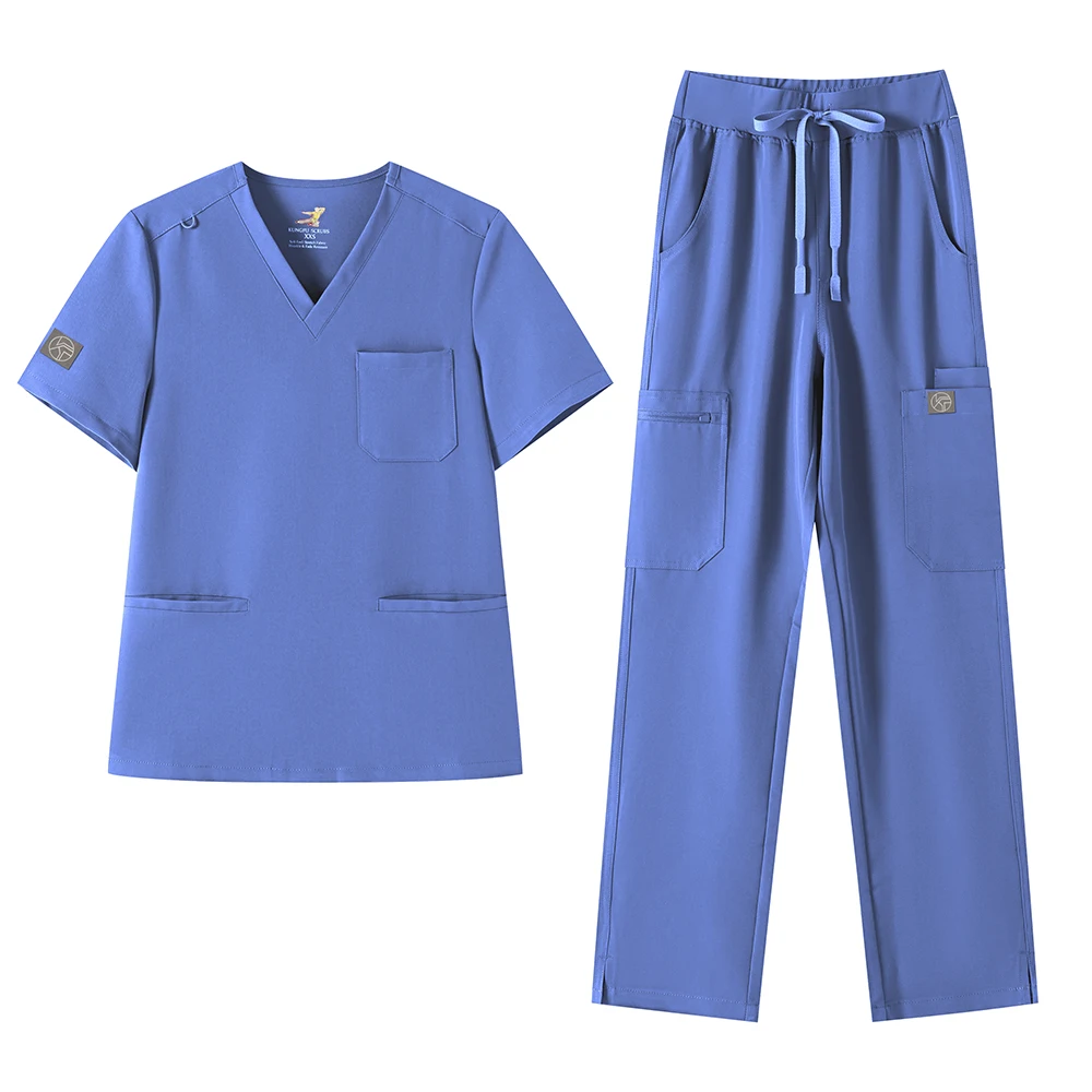 쿵푸 스크럽 유니폼 여성 브이넥 티셔츠 간호복 클리닉 의료 유니폼 고품질 패션 클래식 핏 상의+하의