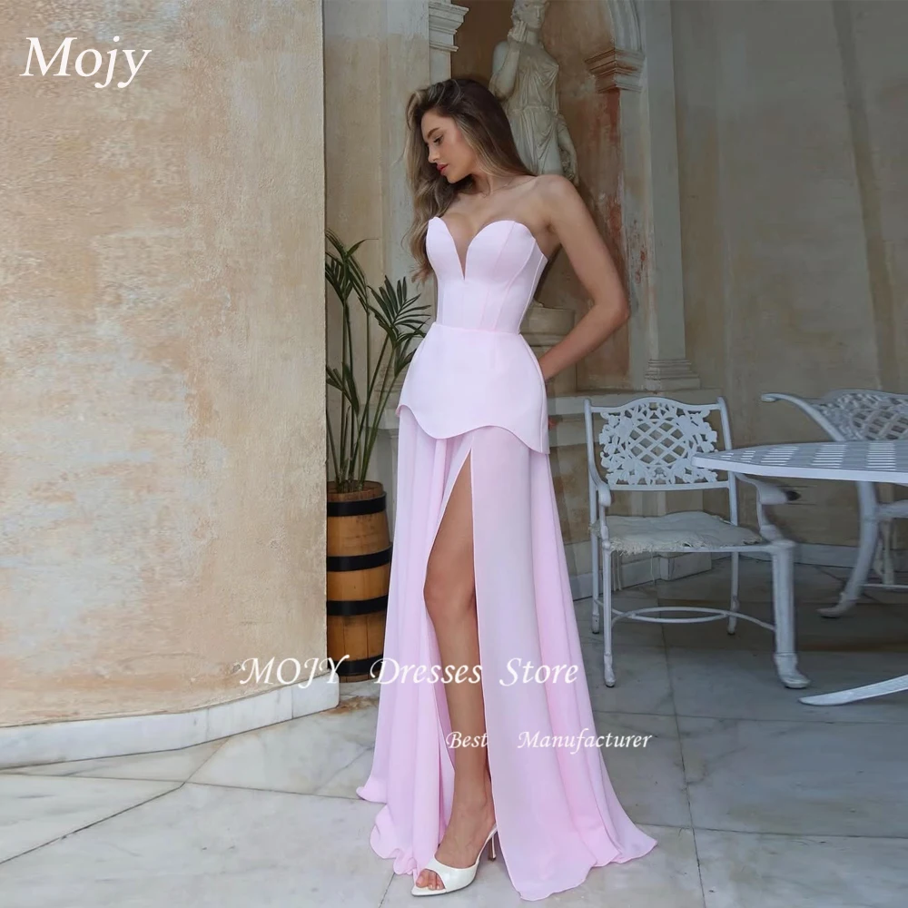 Mojy Pink Sweetheart Neck Customized Party Dresses Sleeveless Side High Split Prom Dresses Lace-Up Floor-Length Evening Dresses