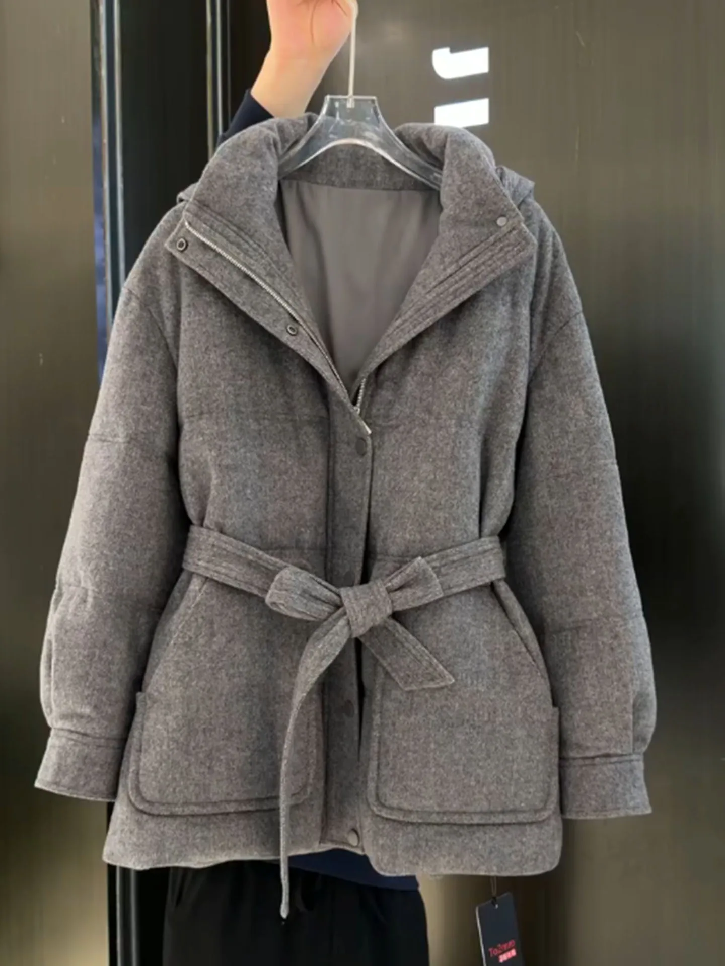 

Женская пуховая одежда средней длины с капюшоном Ele ey Jaet Thi, теплая верхняя одежда для похудения, корейская Sle Commute Faion