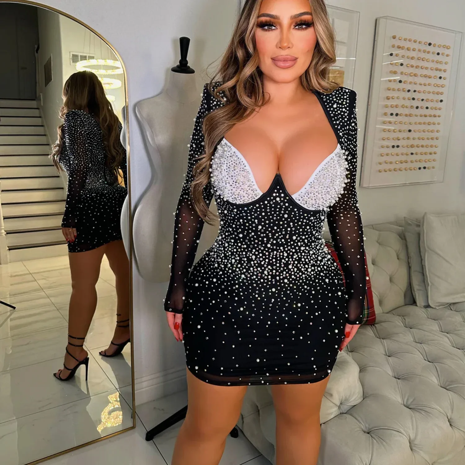 

Sexy New Spring Birthday Mini Dresses Women‘s Long Sleeve Mesh Rhinestone Fashion V-neck Sexy Party Club Evening Short Vestidos