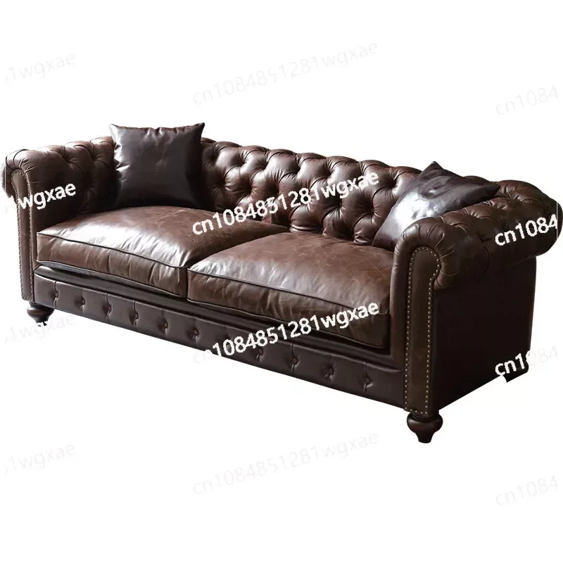 High Quality Oil Wax Leather Retro Style Roll Arm Chesterfield Sofa