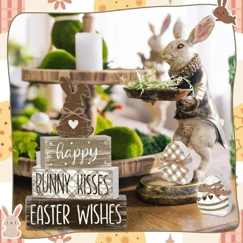 Pack of 4 Farmhouse Wooden Ornaments Set with Bunnies Figurine and Letter Block Signs for Table and Tiered Tray Decors B03E