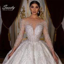 Glitter Wedding Dress Lace With Beading Ball Gown Princess Full Sleeve O-Neck Bride Dress Backless Customized Vestido De Novia