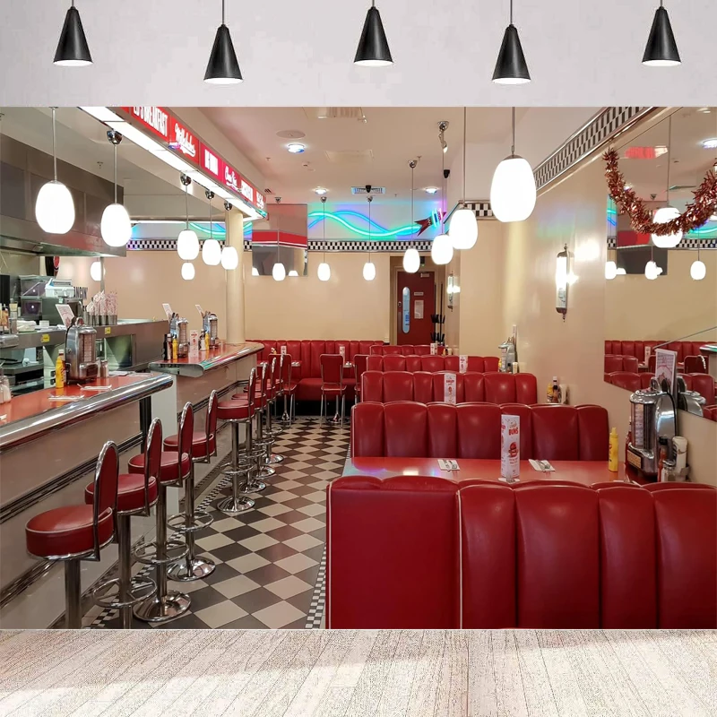 

Vintage 50s Diner Photography Backdrop 1950s Fast Food Soda Shop Restaurant Dining Background Rock Diner 50s Diner Party Decor