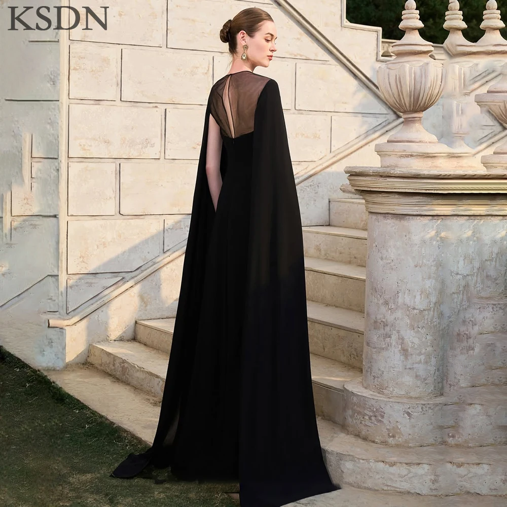 KSDN Black Evening Dresses Elegant O-Neck Cap Long Sleeve Gowns Chapel Train Tulle Appliques Luxury Celebrity Dress