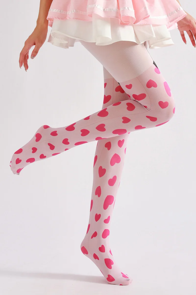 Personality Playful Love Heart Printing Ladies Pantyhose Fake Suspenders Pattern Hottie Sexy Velvet Color Match Tights