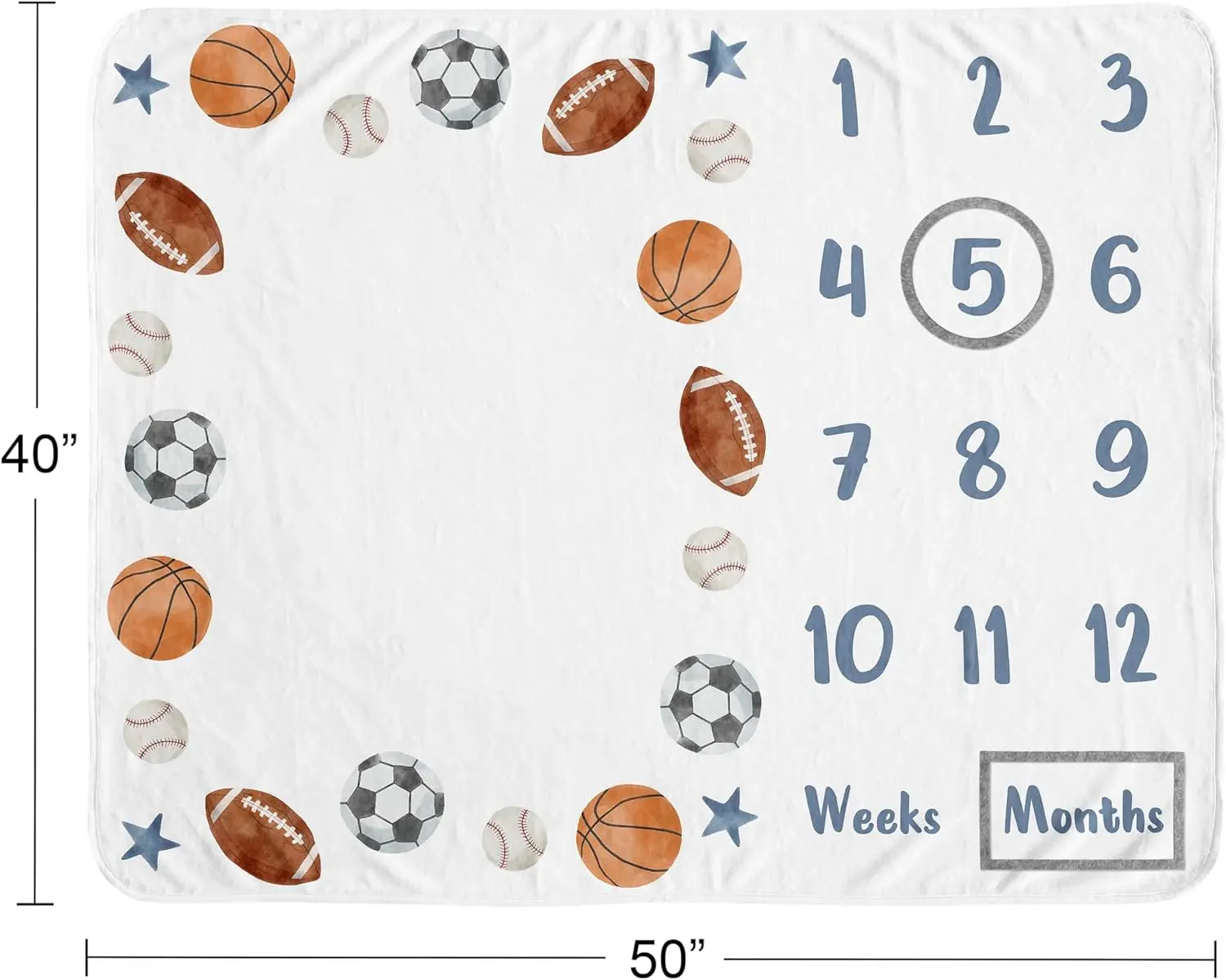 بطانية مراحل نمو الطفل من فيكاما بتصميم رياضي - كرة قدم ورجبي وبيسبول وكرة سلة بنمط الألوان المائية القديمة ونجوم زرقاء