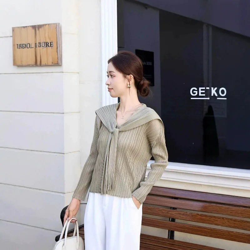 Miyake Pleated Shirt Plisse Women 2026 Autumn New Tassel Cardigan Large V-Neck Back Tassel Design Pleats Jacket Women Clothing