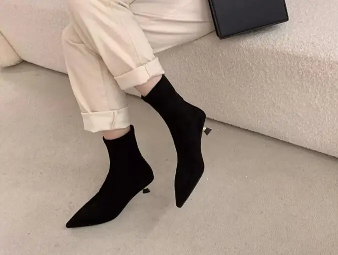

Winter Ladies Black Solid Suede 45 mm Kitten Heel Pointed Toe Slip On Short Boots Women Fashion Slim Stretch Ankle Boots Shoes