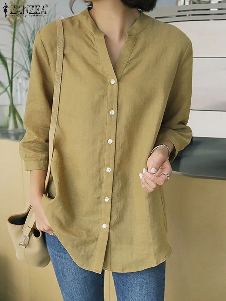 2024 ZANZEA Summer Women V Neck 3/4 Sleeve Shirt Elegant Solid Blouse Female Casual Loose Work Blusas Fashion Buttons Down Tops