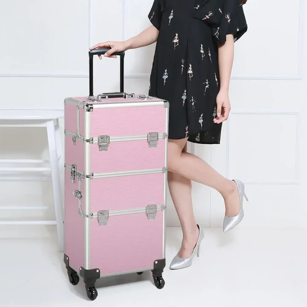 Rolling Makeup Train Case 3 in 1 Cosmetic Makeup Case Large Aluminum Trolley Makeup Travel Case Professional Rolling Cosmetic