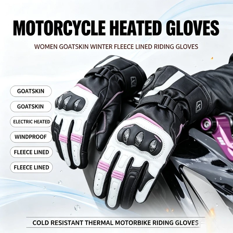 Women Goatskin Electric Heated Motorbike Gloves Winter Thermal Fleece Lined Windproof Coldproof Motorcycle Riding Gloves