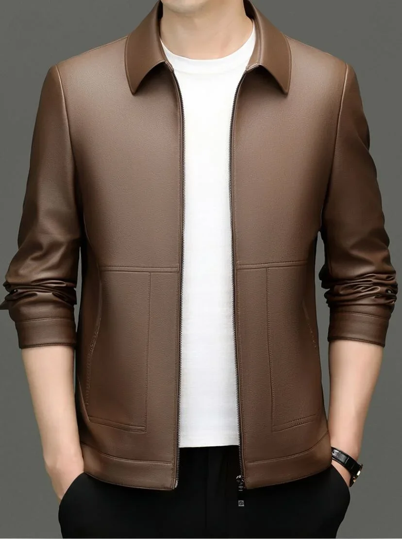 

2025 Spring Sheep Leather Jacket Men's Turn-down Collar Business Leisure Autumn Edition Thickness Optional Jacket Coat