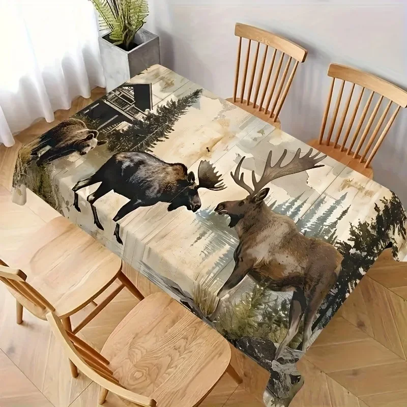 1pc Country Style Deer and Bear Forest Tablecloth for Rectangular Table  Wood Texture Designxzj