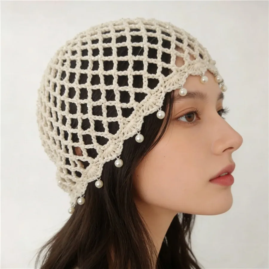 Hand-Woven Hollow-Out Headgear for Women Summer Breathable Artistic Versatile Pullover Hat with Sequins and Pearls, Knitted Hat image 4