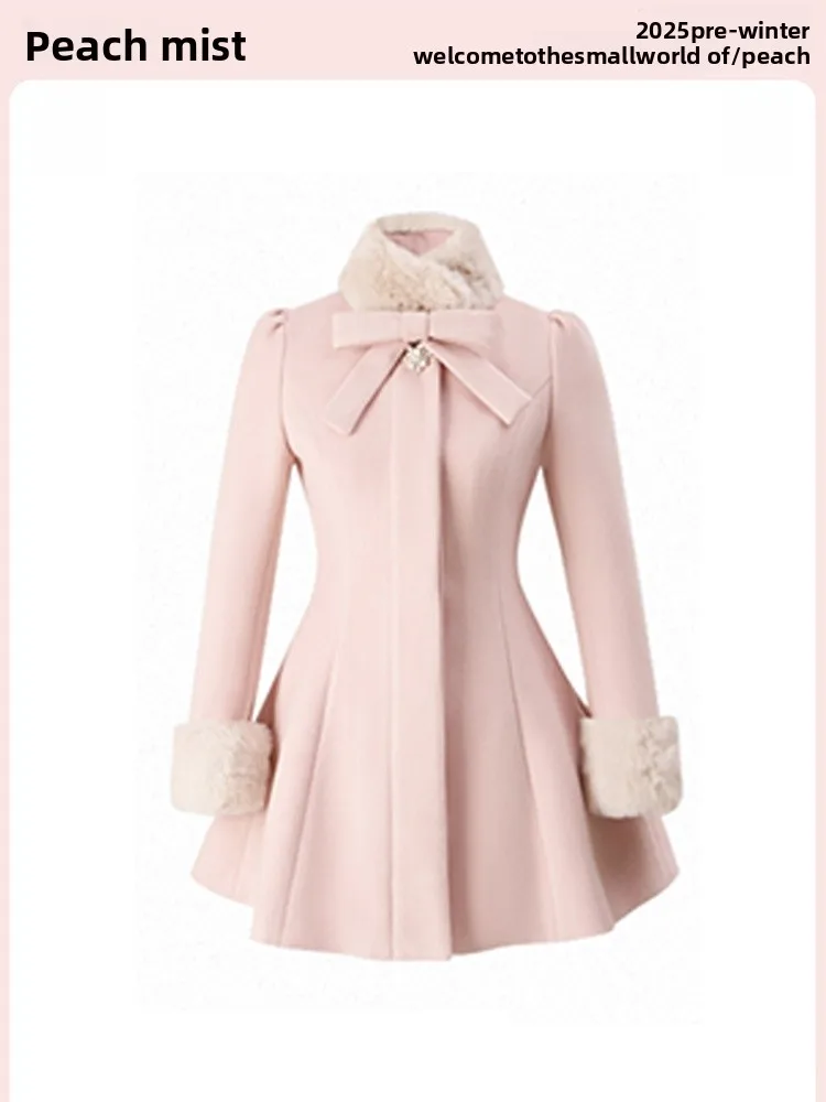 

Розовое или шерстяное пальто. Женское зимнее модное облегающее пальто с меховым воротником. Теплая повседневная одежда из полиэфирного волокна во французском стиле.