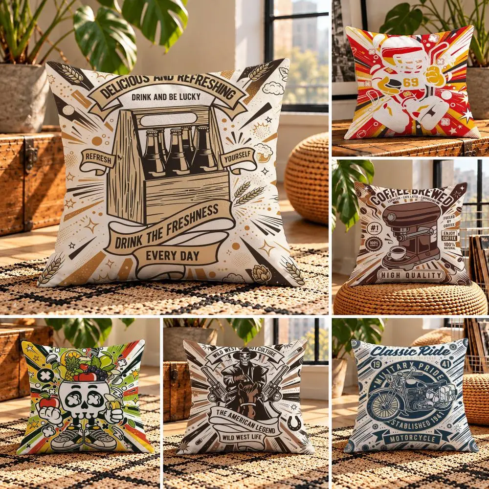 art Retro Badge Poster Cushion Cover Short Plush Throw Pillow Cover Soft Cozy Cushion Case for Sofa Bedroom Home Decor Gift