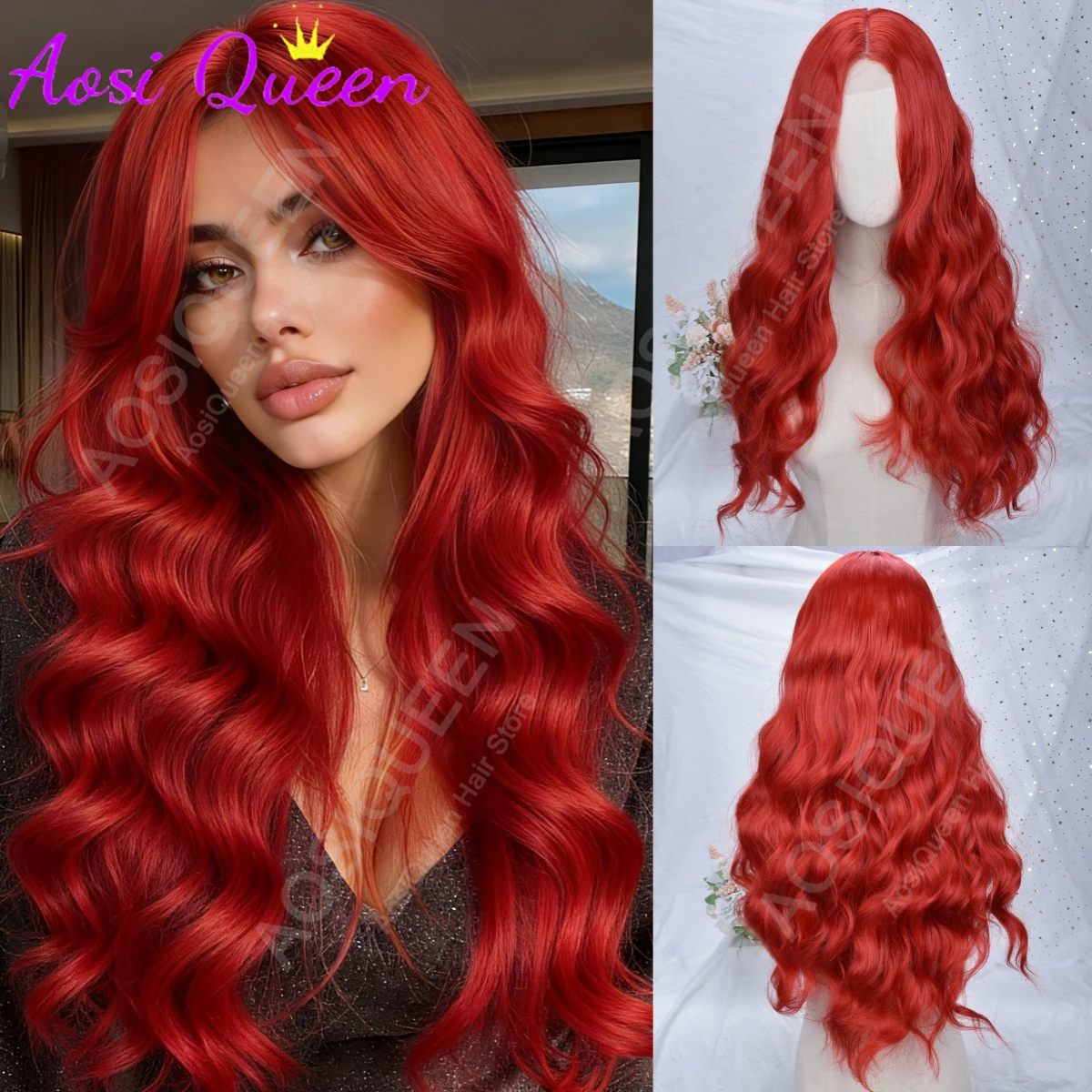 

AOSIQUEEN 30 Inch Red Middle-Parted Long Curly Braided Synthetic Wig For Women High Temperature Fiber Material For Daily Wear