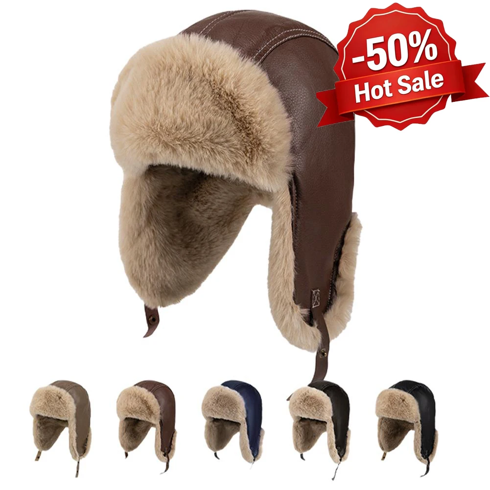 Vintage Leather Pilot Hat Fur Ear Flaps Trooper Trapper Pilot Cap for Men Women Available in Multiple Colors