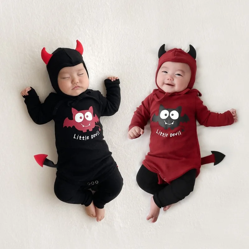 

New Autumn and Winter Little Devil Printed Romper, Cute Halloween Children's Long-Sleeve Crawling Outfit + Hat Combination Set
