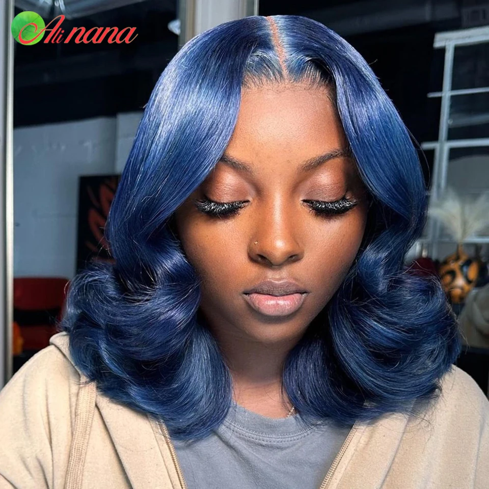 

Royal Blue Colored Short Bob Wig 13x4 Lace Frontal Wigs 200% Density Wavy Human Hair Wigs For Black Women Body Wave Hairstyle