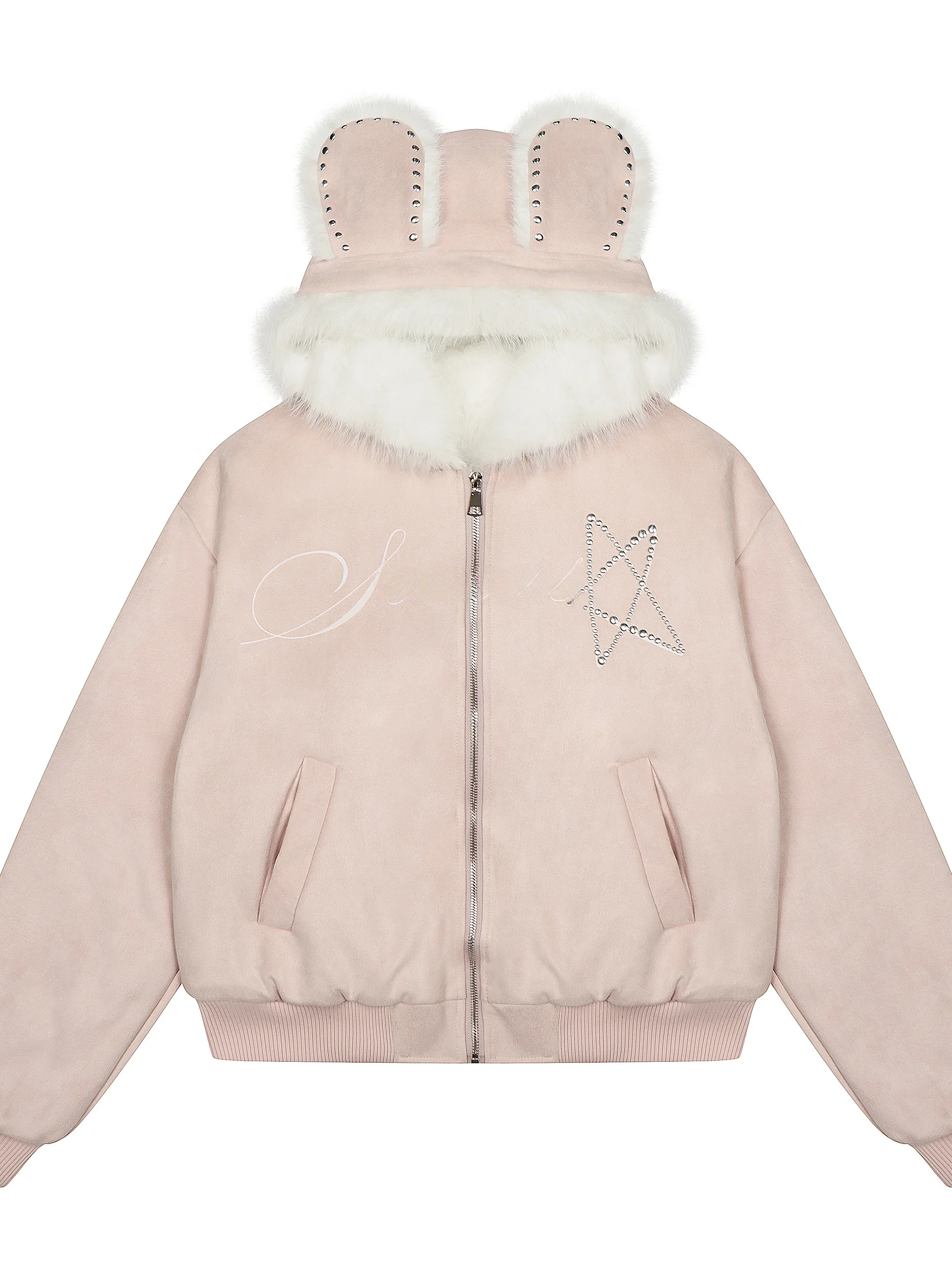 

Retro American Sle Women's Jaet with Rabbit Ear Hood Warm Cotton Coat Faux eepskin Lamb Fur Collar Long Sve Zipper