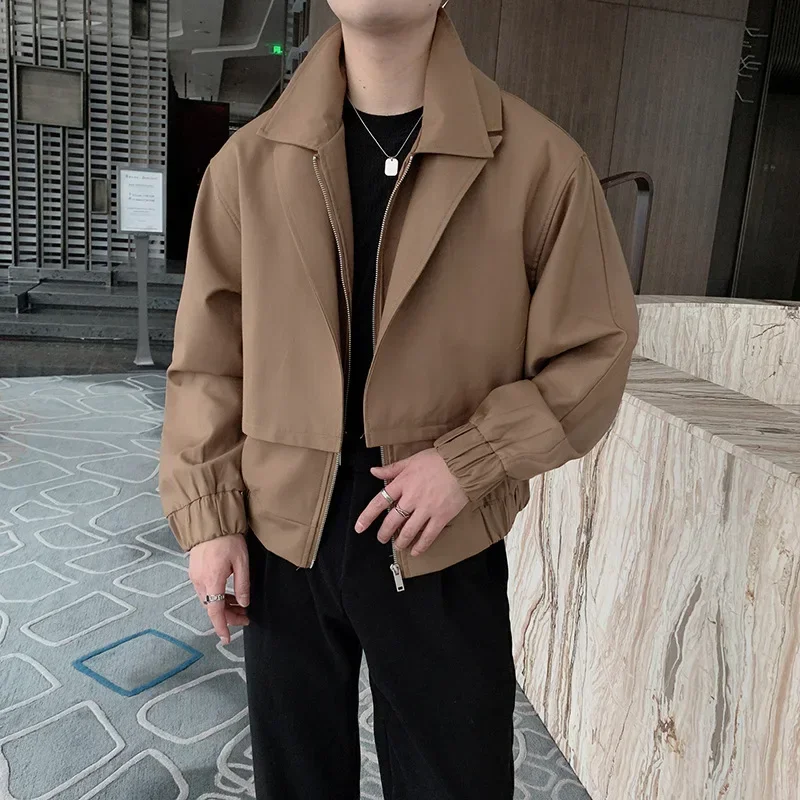 Trendy Fashionable Casual Short Jacket Men Vintage Lapel Outwear Korean Fake Two PCS Coats All-match Male Long Sleeve Streetwear