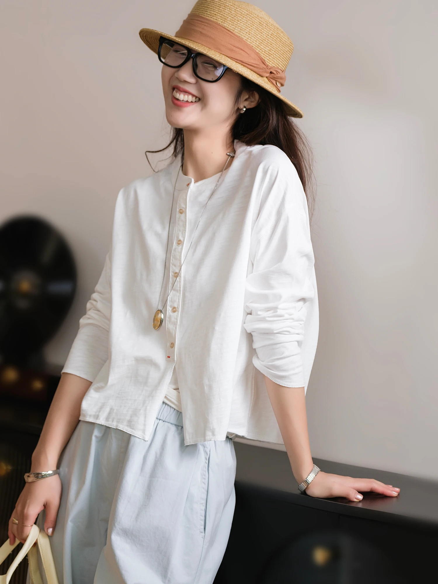 

Женская футболка премиум-класса из бамбукового хлопка с длинным рукавом и круглым вырезом, в стиле колор-блок, с узлом, повседневная, приталенная, дышащая, спортивная.