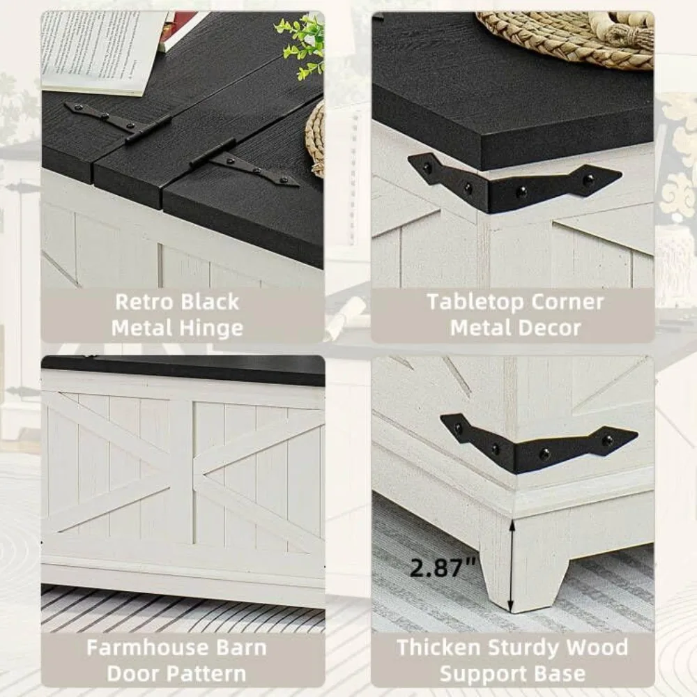 Antique Black and White Large Square Coffee Table with Hidden Storage for Living Room, Farmhouse Style Centerpiece