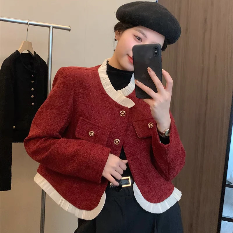 

Women Elegant Crop Coats Long Sleeve O Neck Button Patchwork Casual French Jacket Small Fragrance Office Lady Female Outwear New