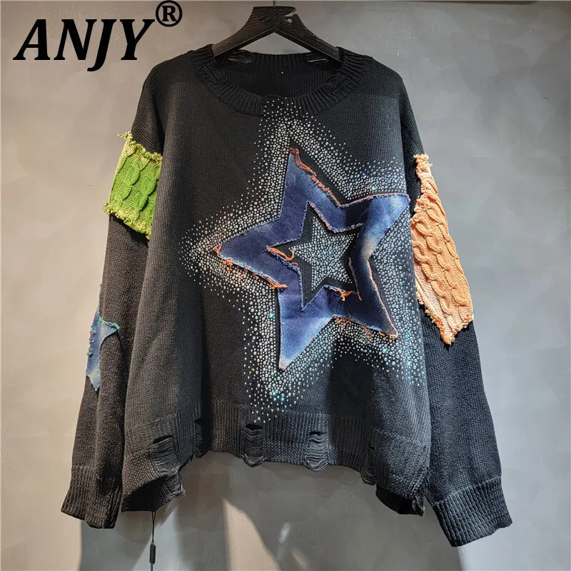 

ANJY Autumn Winter New Women Loose Personality Patchwork Color Block Distressed Knitted Sweater Pullover Ins Fashion Hole A16954