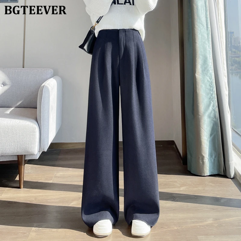 BGTEEVER elegante cintura alta hasta el suelo cálido suelto mujer traje de lana pantalones invierno espesar terciopelo señoras pantalones de pierna ancha