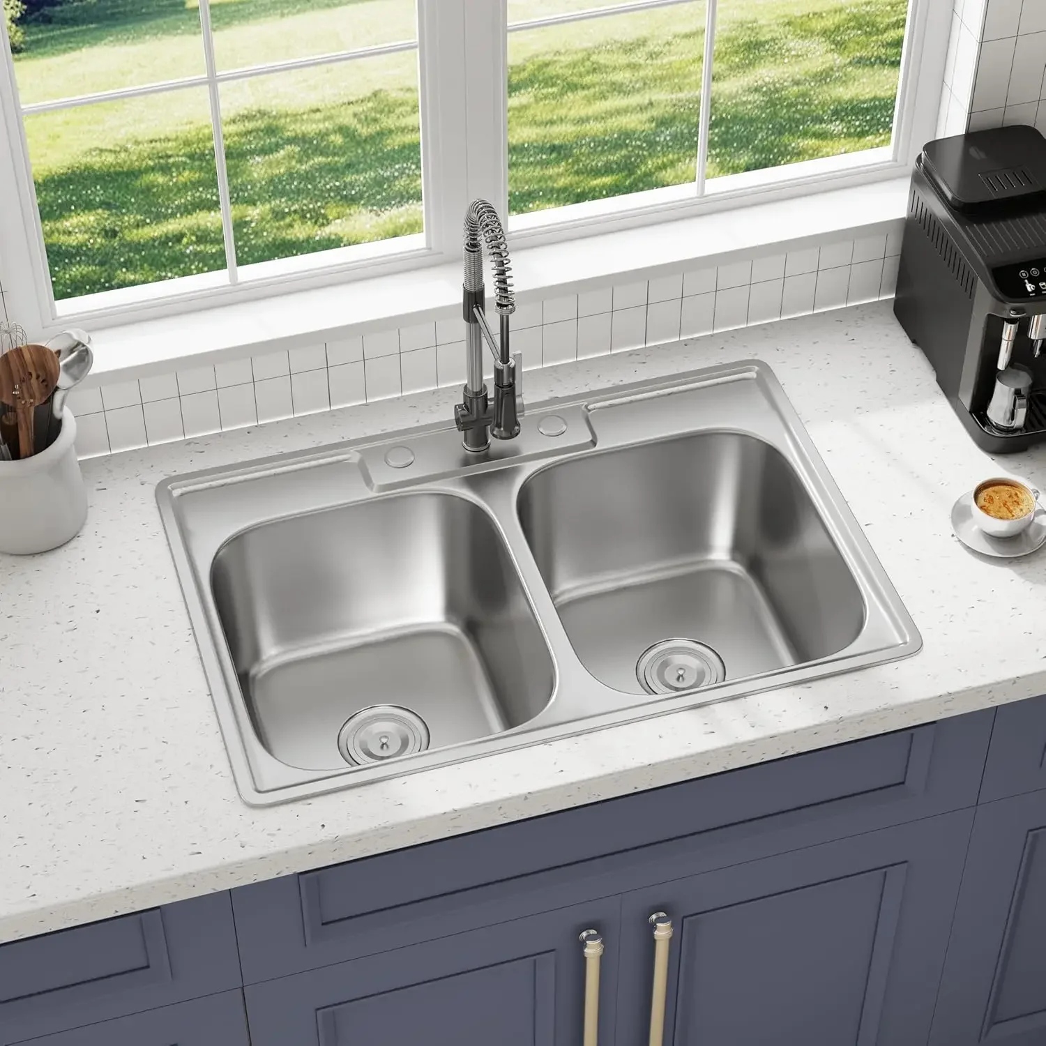 33 Inch Double Bowl Kitchen Sink Topmount 50/50 Drop In 18 Gauge 304 Stainless Steel Sinks with Basket Strainer 33” x 22” x 9”