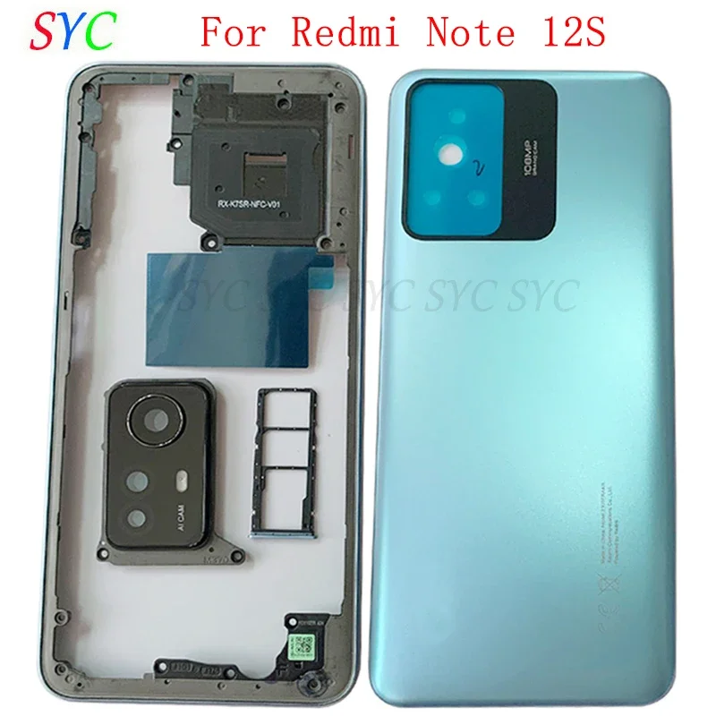 

Back Door Battery Cover Housing Case For Redmi Note 12S Rear Cover with Middle Frame Sim Card Tray Logo Repair Parts