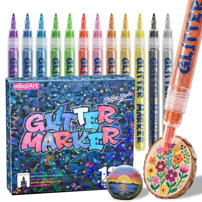 12-36 Colors Glitter Highlighter Markers set Shiny Fine Tip Acrylic Paint Pens Glitter Pens for Art Crafts, Wood, Rock Painting