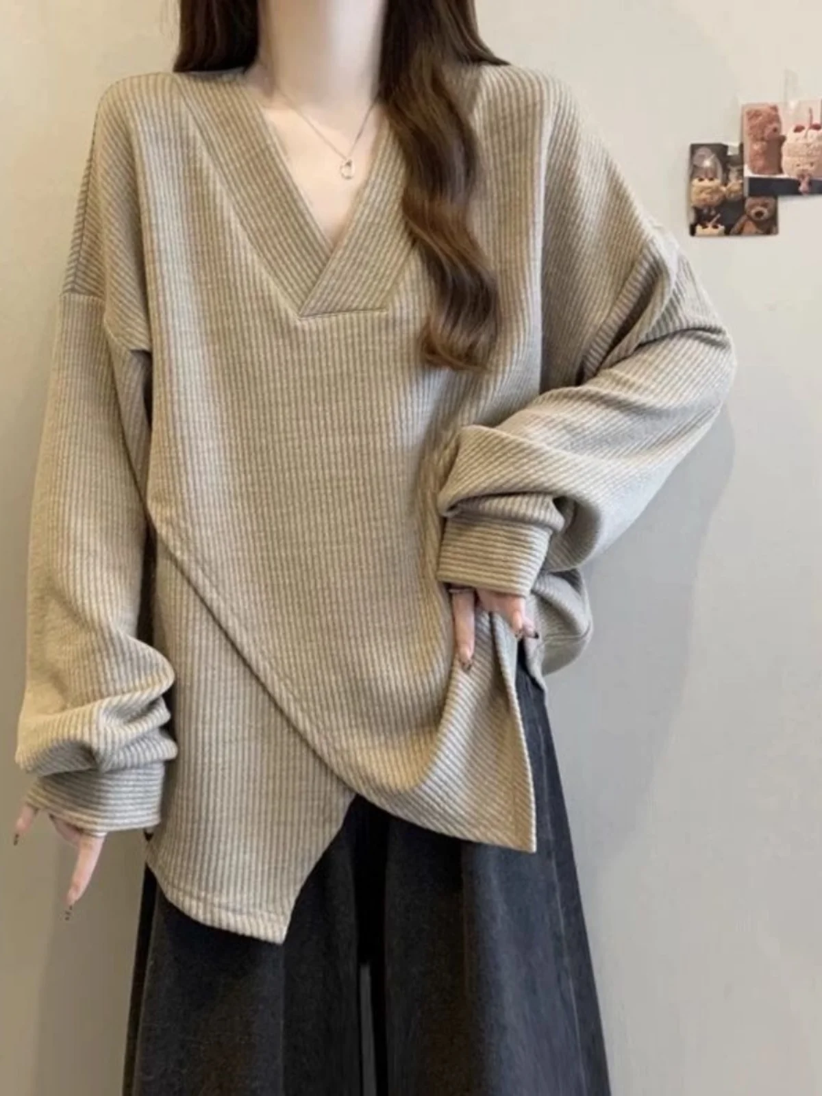 

plus Size Women's Sweatirt V-Ne Long Sve Patchwork Asymmetrical Design Spring Autumn Comfortable Korean Sle T-irt