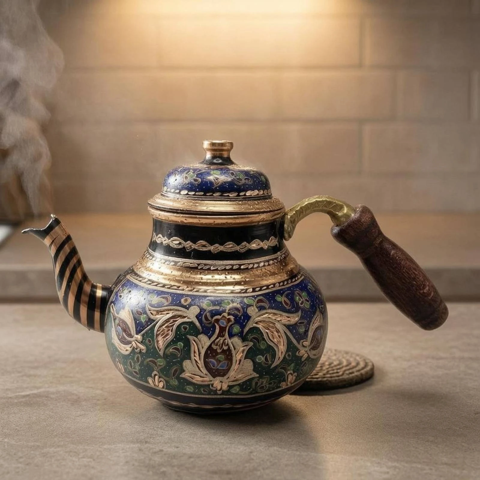 Copper Turkish Teapot Metal-Finish Trim Decorative Copper Tea Pot Turkish Style Teapot Wood-Textured Grip Kitchenware Curved