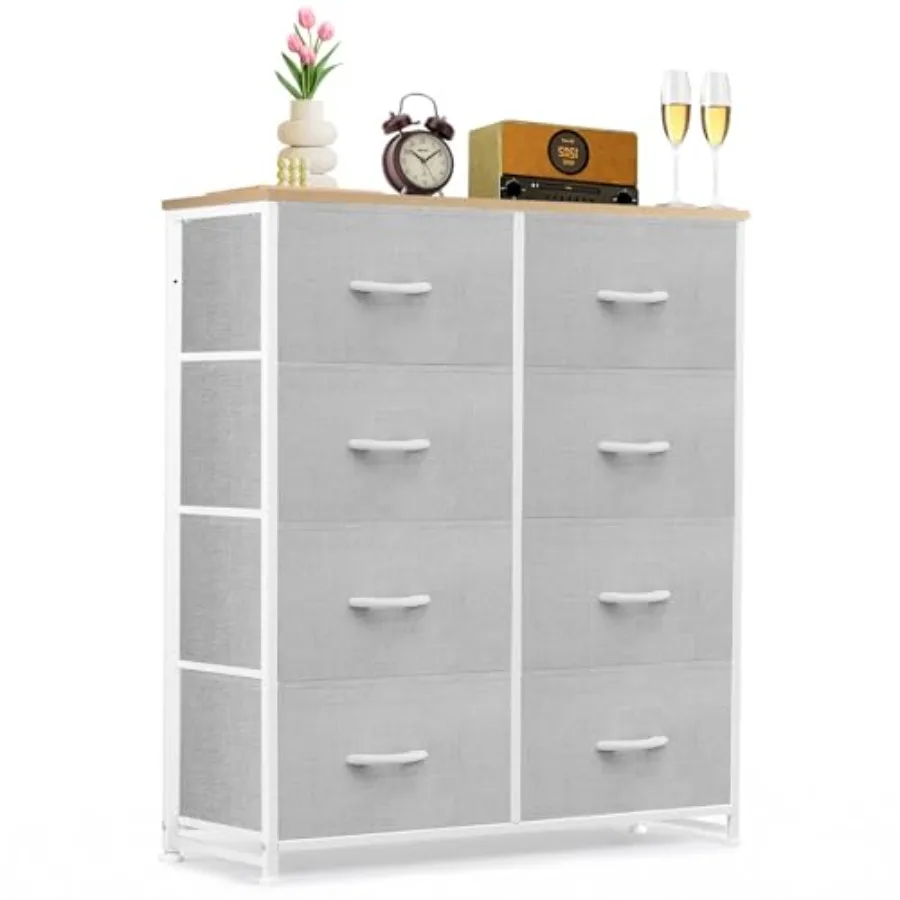 8-Drawer Dresser for Bedroom Anti-Tip Tall Storage Organizer Chest of Drawers with Wooden Top and Metal Frame Fabric Bins for C