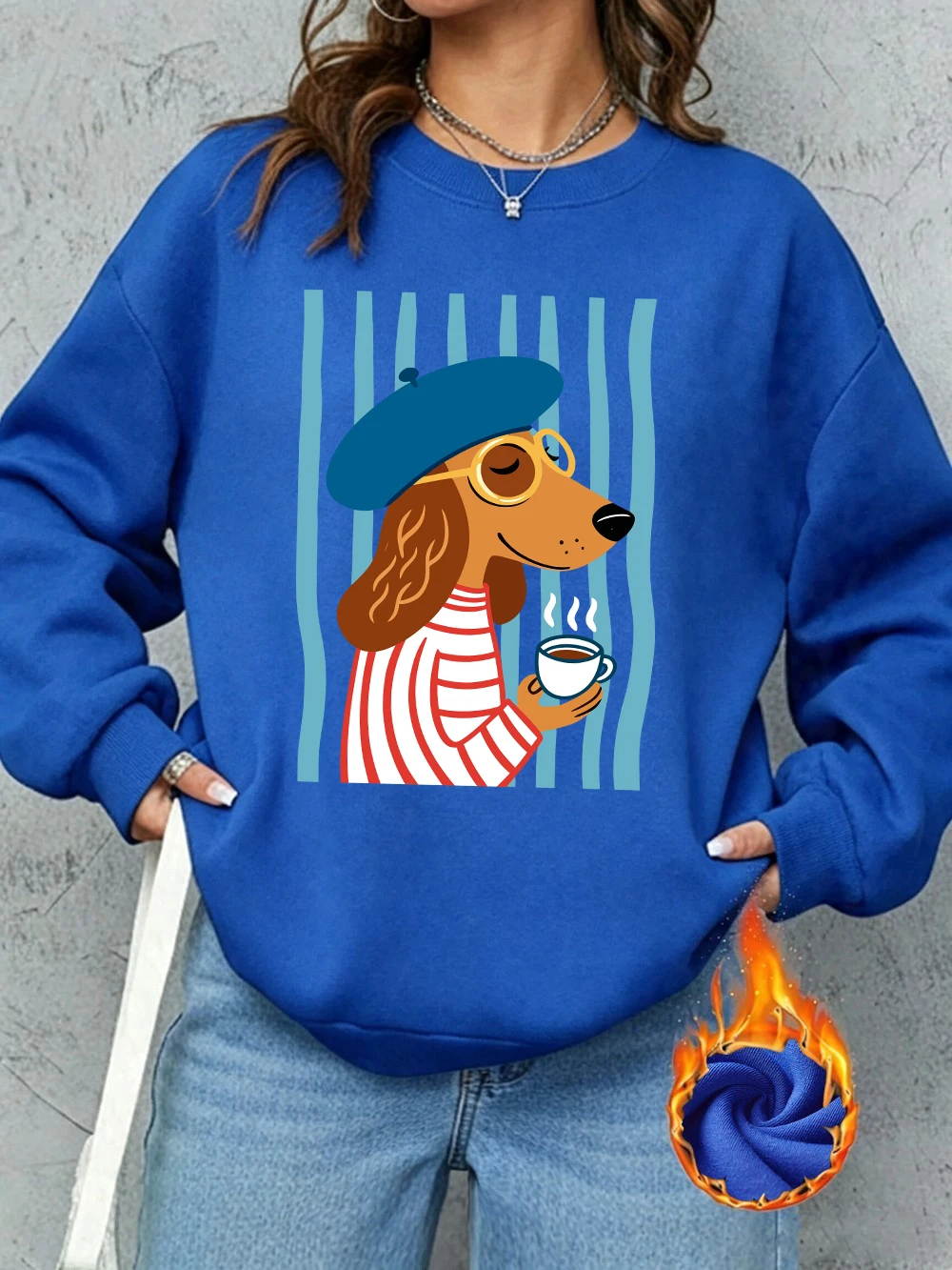 Sweatshirt mit französischer Dackel-Illustration, für Damen, lockerer, sportlicher Kapuzenpullover, Fleece, warm, Rundhalsausschnitt, Herbst, weiche Damenkleidung – Detail 17