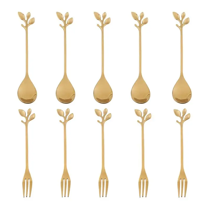 ABSE-50Spoon+50Forks Stainless Steel Leaf Coffee Cake Spoon Fork Dessert Spoons, Stirring Teaspoon Set Golden