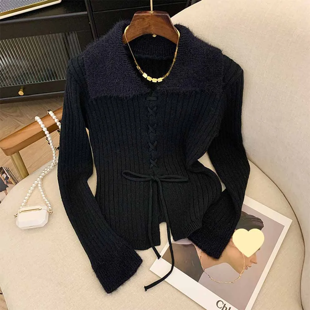 Elegant Women's Solid Knitted Sweater 2024 New Spring Autumn Long Sleeves Plush Cuff&Big Lapel Lace Up Cardigan Slim Fit Top