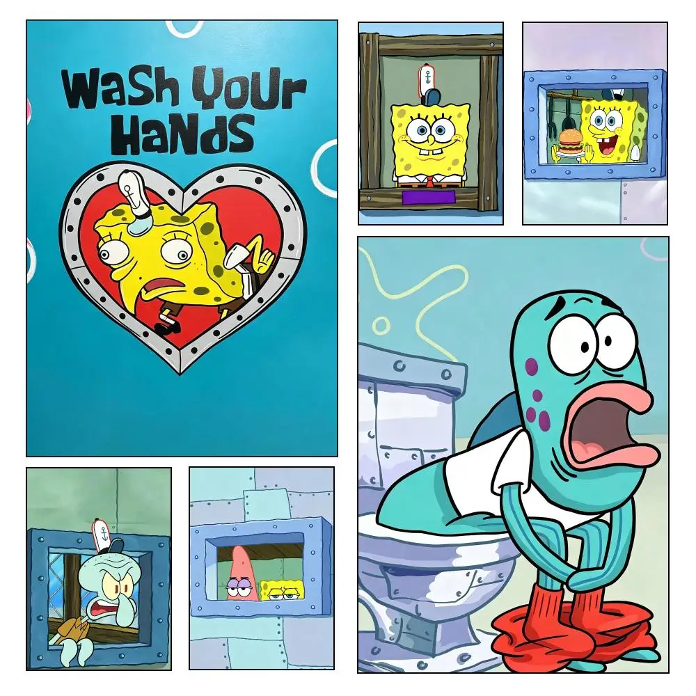 Cartoon S-SpongeBoB Funny S-SquarePantS Aesthetic Poster High Quality Dorm Living Room Wall Decoration Painting Stickers Poster