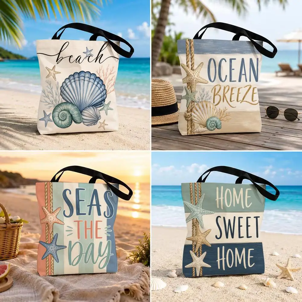 Summer Starfish and Shell Storage Bags Canvas Double-Sided Print Durable Tote Bag Beach Travel Picnic Foldable Eco Handbag